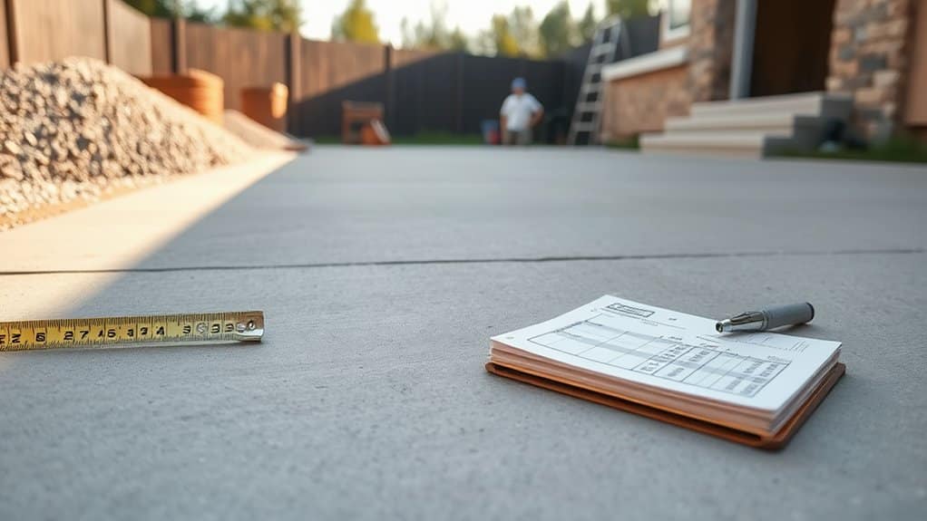 Measuring tape laid across a residential concrete driveway during project measurement and estimate planning.
