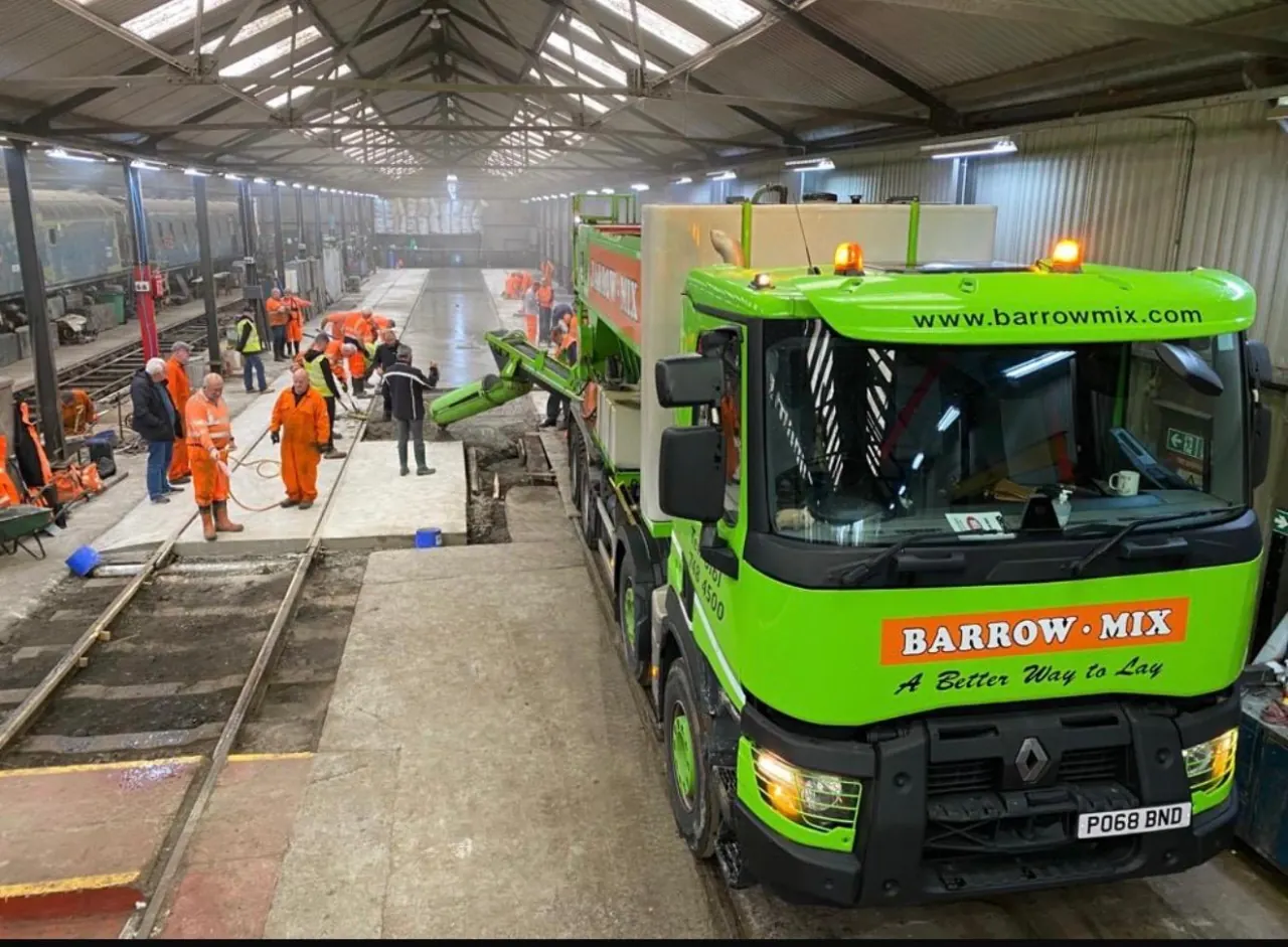 Barrow Mix truck inside the East Lancashire Railway maintenance depot