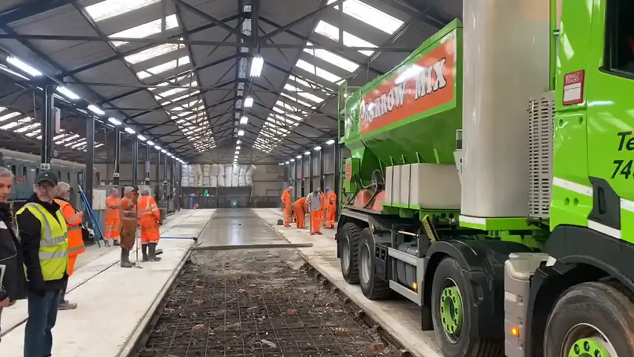 Barrow Mix concrete truck inside the East Lancashire Railway maintenance depot during the hardstanding pour