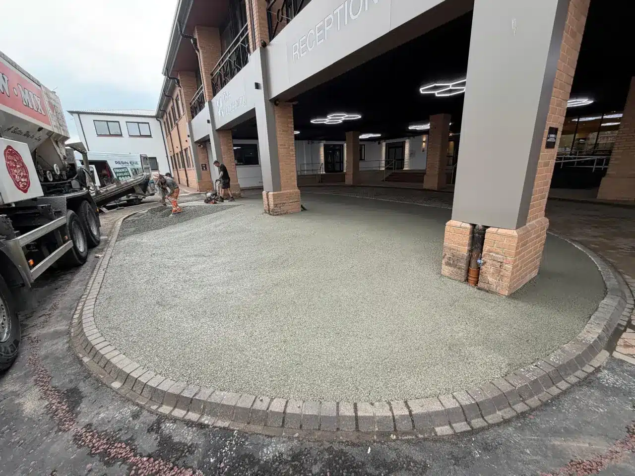 Finished no-fines concrete base by the reception of a Warrington office block