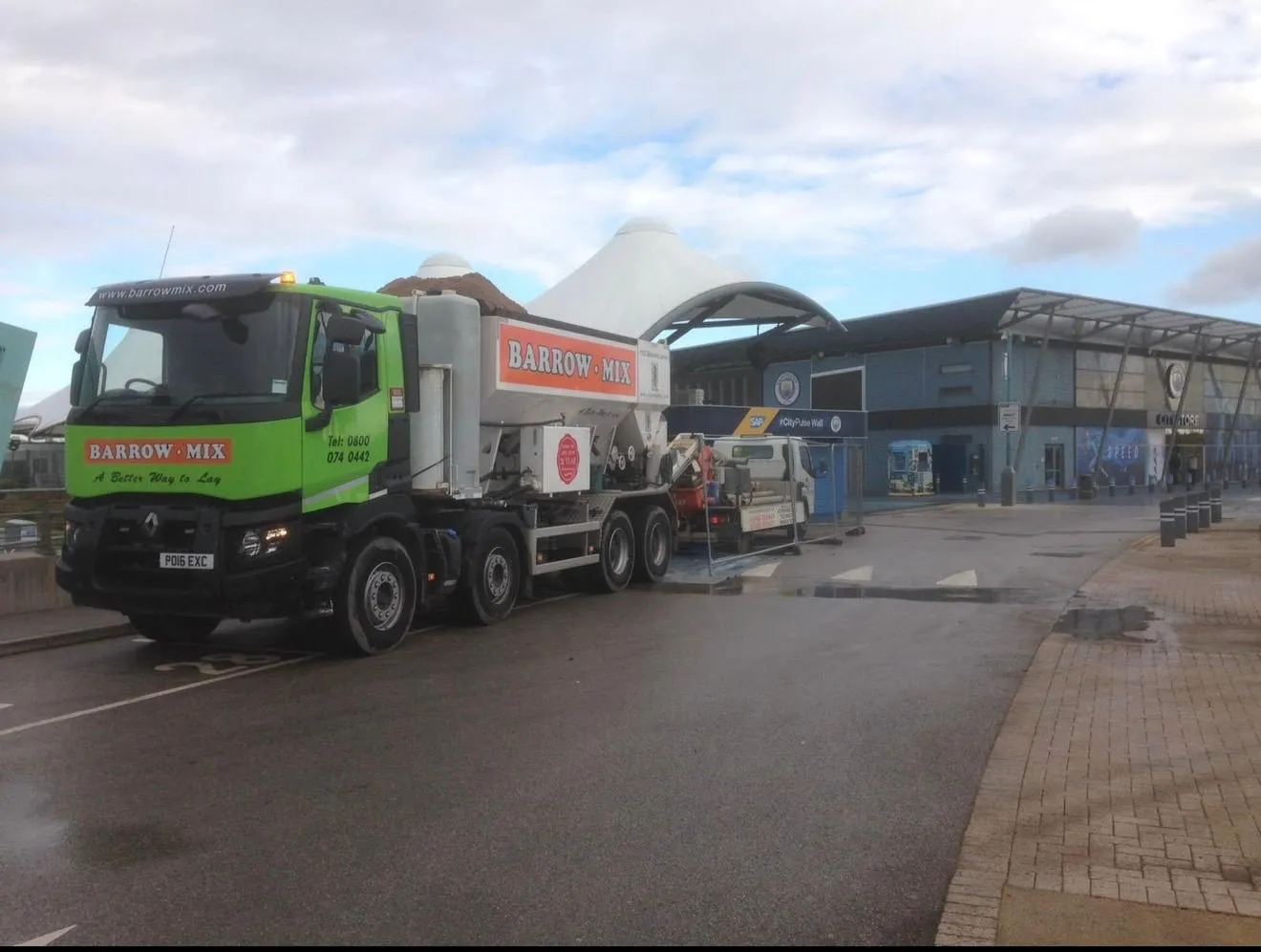 Barrow Mix volumetric wagon and concrete line pump set up at the Etihad, Manchester City
