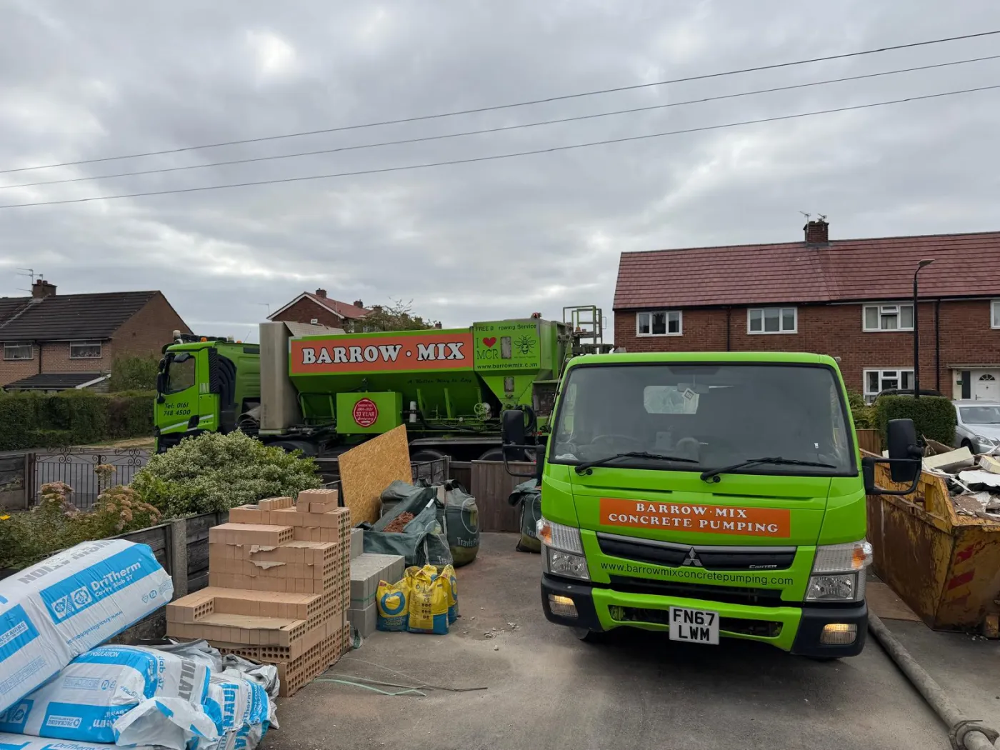 Barrow Mix concrete pump truck and volumetric wagon at a Sale property with no rear access