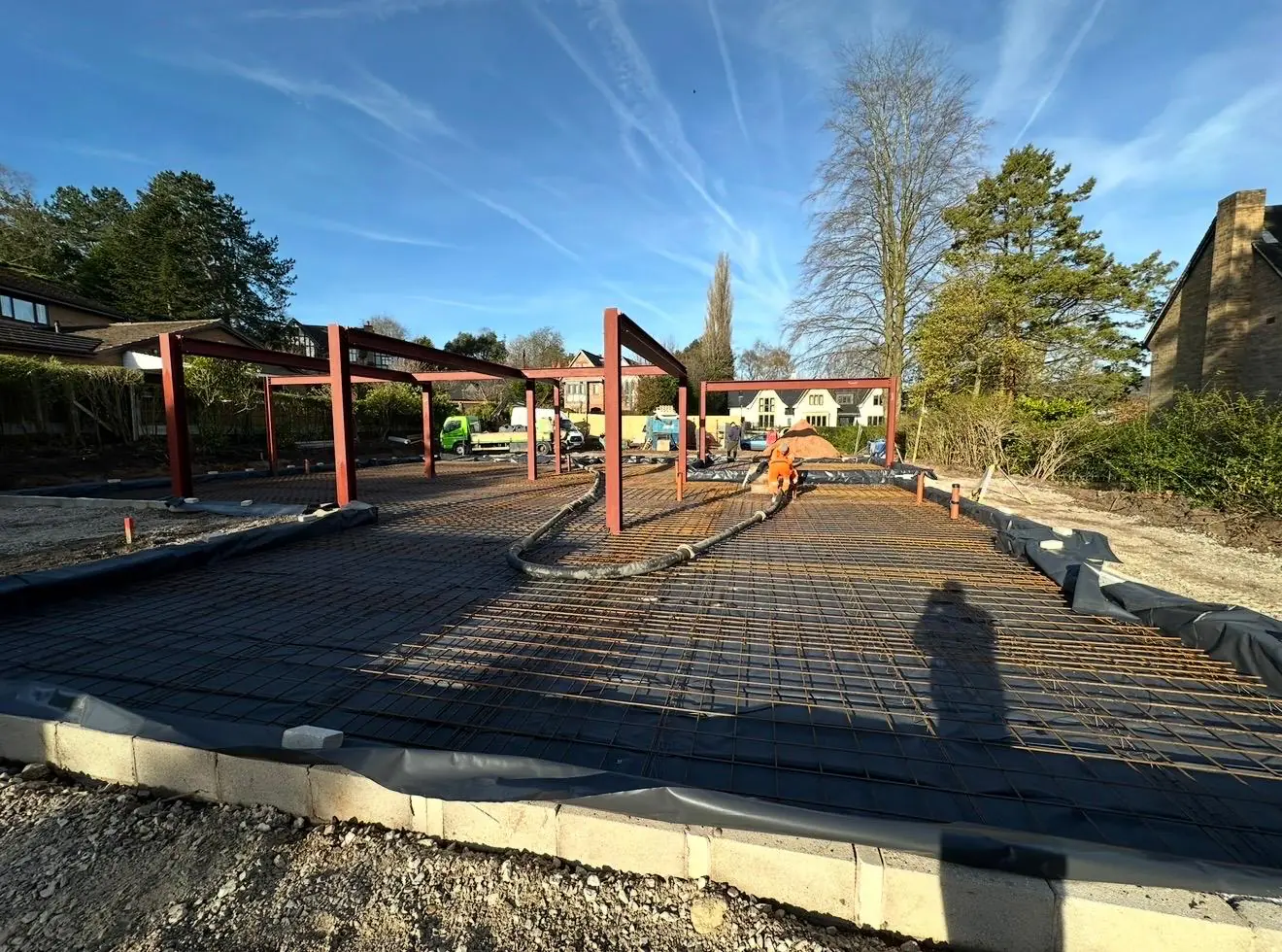 Steel mesh and edge shuttering laid ready for a 95m3 pour near Bowdon