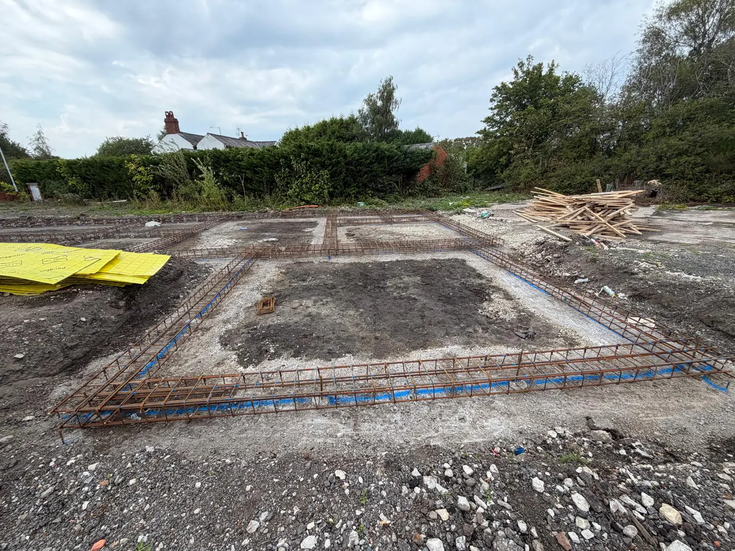 Steel reinforcement cages in place on the piled Bramhall new build