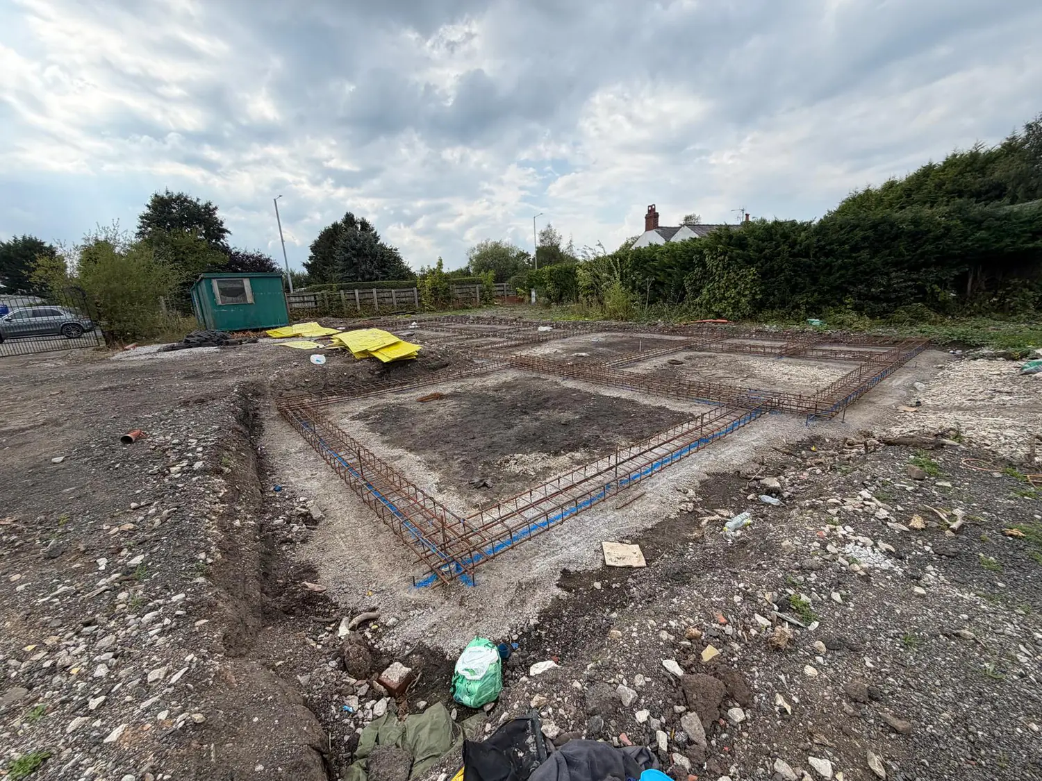 Steel reinforcement ready for oversite concrete on a new build in Bramhall